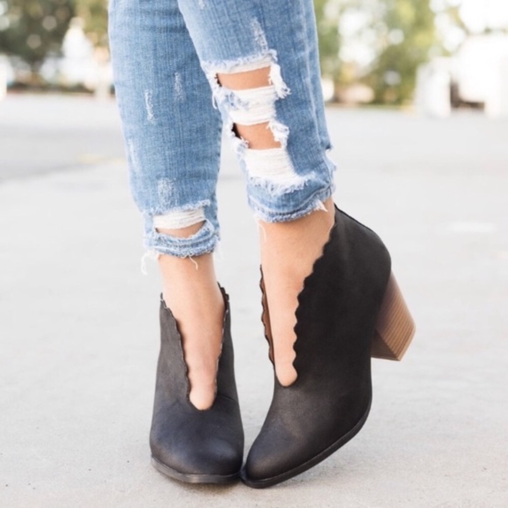 Black Wood Block Heeled Ankle Boots